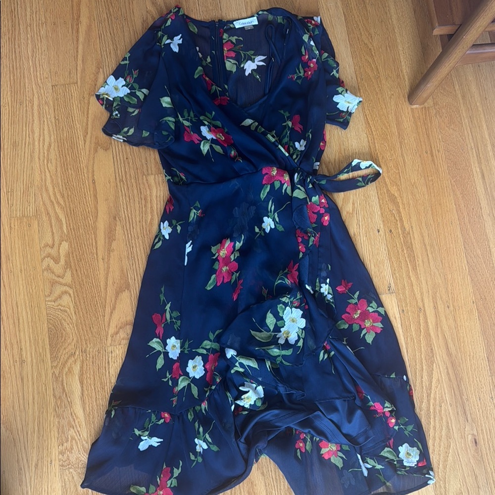 Calvin Klein Ruffled Wrap Dress in Blue and Pink